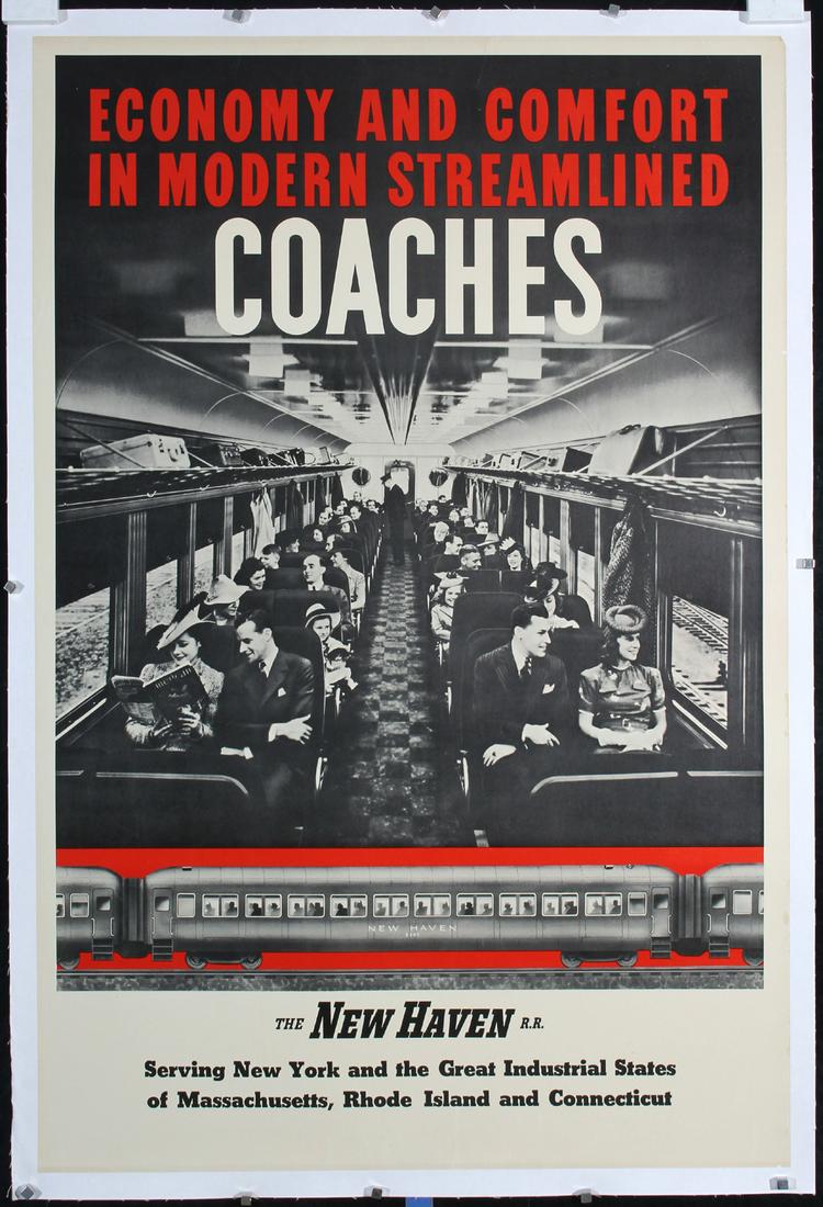 Original Vintage 1940s New Haven Rail Travel Poster: Anonymous - USANew Haven Railroad - CoachesPhoto/Offset ca. 194541.7 x 27.5 in. (106 x 70 cm)Printer: no informationCondition Details: (A-) on linen, small tears and minimal creasing and staining at t