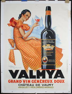 Original Vintage 1930s French Liquor Advertising Poster: Monnier, Henry le 1893 - 1978 Valmya Lithograph 1937 62.9 x 47.2 in. (160 x 120 cm) Printer: Joseph-Charles, Paris Condition Details: (B+) mounted on linen, buckling and minor staining from moisture