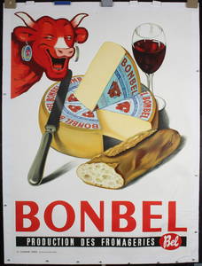 Original c.1950 Bonbel Laughing Cow Cheese Poster LINEN