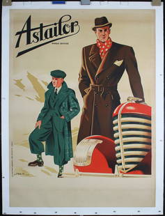 Original c. 1930s Astailor Fashion Design Poster LINEN: Jack Astailor Lithograph ca. 1930 63.3 x 46.8 in. (161 x 119 cm) Printer: Kossuth, Paris Condition Details: (A-) mounted on linen, small tears and minor staining at the edges#France #Fashion #Autos