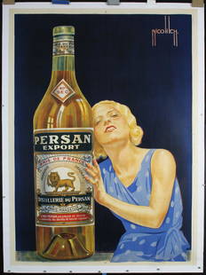 Original Vintage 1930s French Persan Liquor Poster: Nicolitch, Obrad 1898 - 1976 Persan Export - Anis de France Lithograph ca. 1930 62.9 x 46 in. (160 x 117 cm) Printer: no information Condition Details: (A-) mounted on linen, tiny tears, creases and