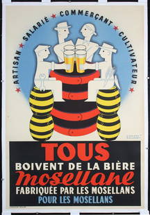 Original Vintage 1950s Art Deco Beer Poster: Bollaert, EdouardTous Boivent De Las Biere MosellaneOffset 195046.4 x 31.4 in. (118 x 80 cm)Printer: no informationCondition Details: (A-) mounted on linen, small tears and minimal staining at the edg