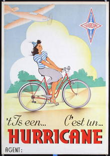 Original Vintage 1950s Belgian Bicycle Poster Hurricane: Anonymous - Belgium Hurricane Offset ca. 1955 32.6 x 22.8 in. (83 x 58 cm) Printer: Verstegen, Bruxelles Condition Details: (A) minimal browning at the edges#Belgium #Bicycles