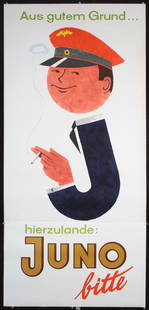 Original Vintage 1950s Juno Modern Cigarette Poster: MÃ¼ller, Walter 1919 - 1988 Juno bitte (Pilot) Offset ca. 1956 70 x 33 in. (178 x 84 cm) Printer: no information Condition Details: (A-/B+) in two sheets, minimal tears and creasing at the edges,