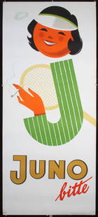 Original Vintage 1950s Juno Modern Cigarette Poster: MÃ¼ller, Walter 1919 - 1988 Juno bitte (Tennis) Offset ca. 1956 75.9 x 33 in. (193 x 84 cm) Printer: no information Condition Details: (B+/A-) in two sheets, small tears and minor creases and