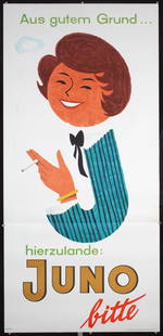 Original Vintage 1950s Juno Modern Cigarette Poster: MÃ¼ller, Walter 1919 - 1988 Juno bitte (Bow Tie) Offset ca. 1956 70 x 33 in. (178 x 84 cm) Printer: no information Condition Details: (B+) in two sheets, small tears and minor foxing at the edges,