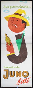 Original Vintage 1950s Juno Modern Cigarette Poster: MÃ¼ller, Walter 1919 - 1988 Juno bitte (Flower Hat) Offset ca. 1956 92.9 x 33 in. (236 x 84 cm) Printer: no information Condition Details: (A-/B+) in two sheets, tiny edge tears, minor staining