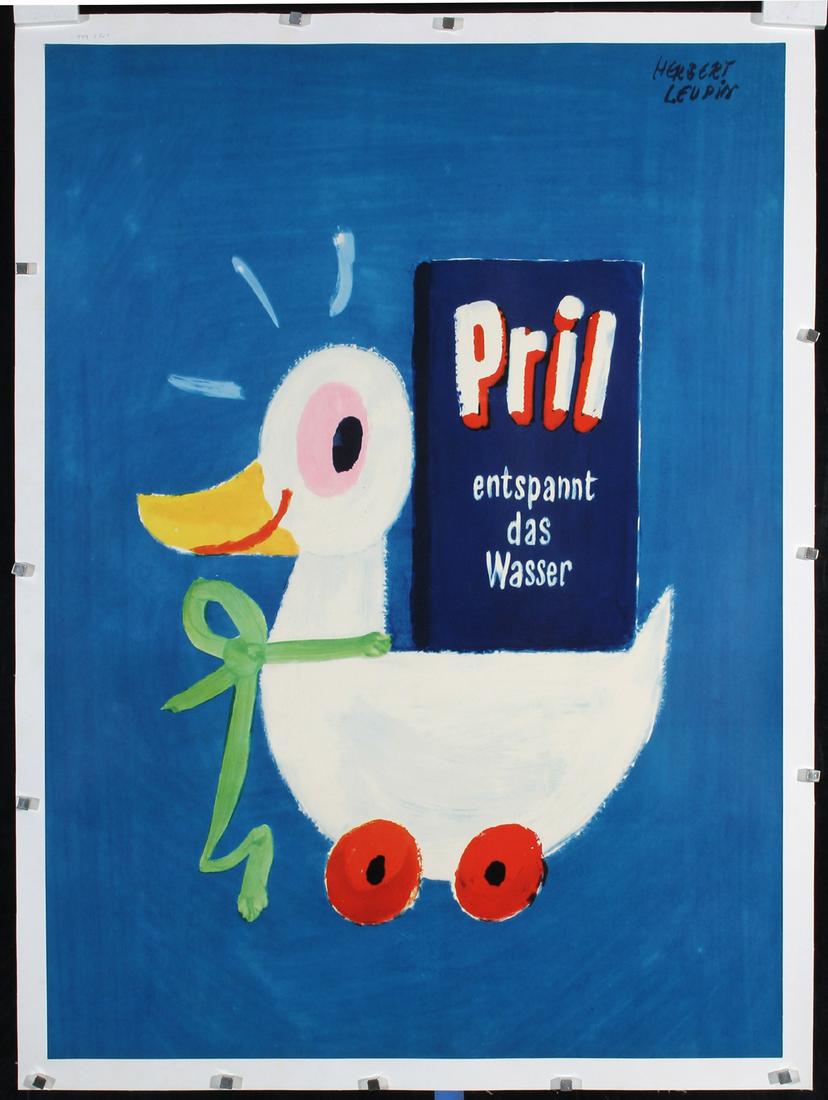 Original 1950s Herbert Leupin Pril Detergent Poster: Leupin, Herbert 1916 - 1999 Pril entspannt das Wasser Offset 1955 33 x 23.6 in. (84 x 60 cm) Printer: no information Condition Details: (A-) on linen, small retouched tears and needle hole losses in t