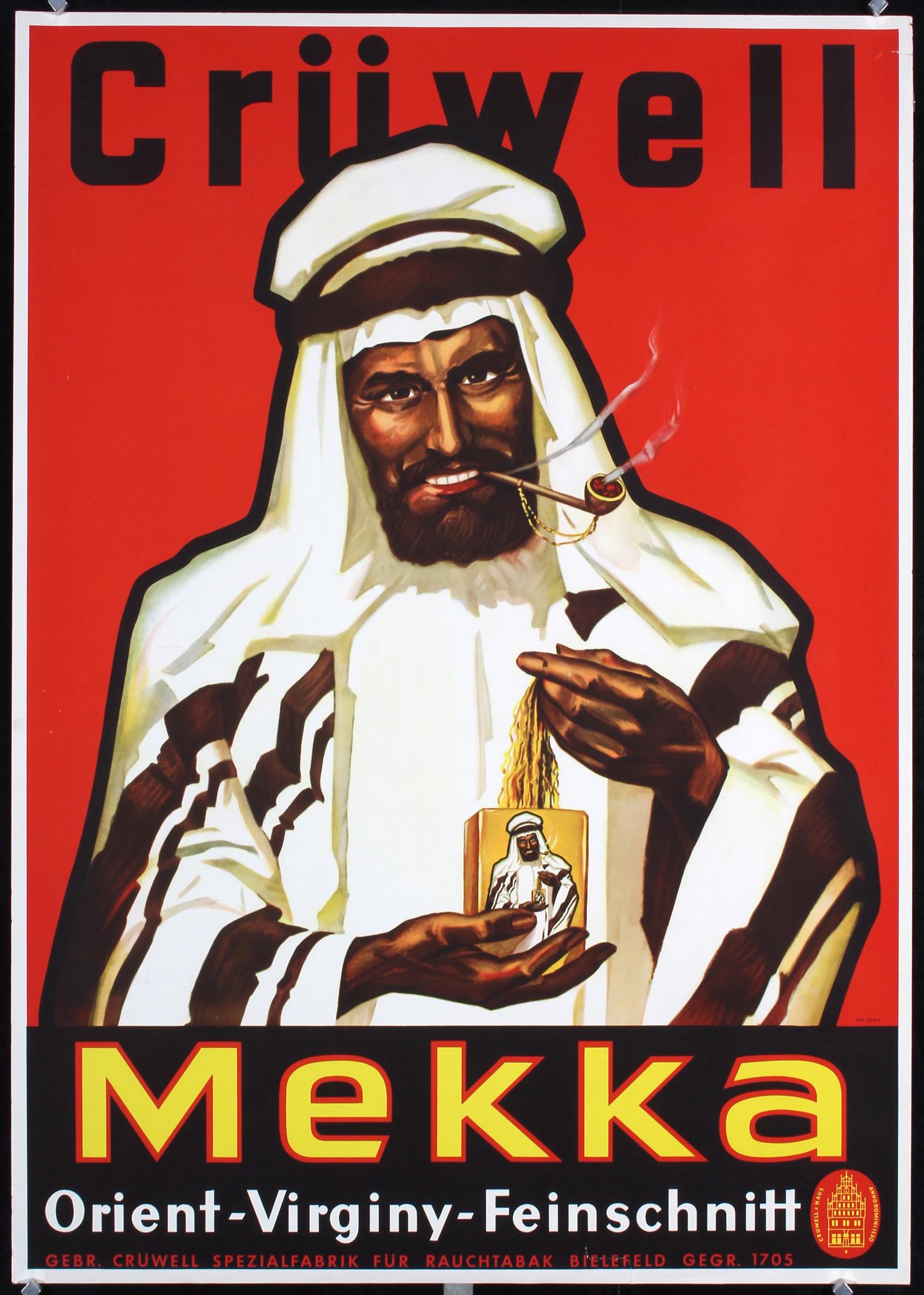 Original 1930 CrÃ¼well Mekka Arab Tobacco Poster Germany: Anonymous - Germany CrÃ¼well - Mekka Offset ca. 1930 33 x 23.2 in. (84 x 59 cm) Printer: no information Condition Details: (A) minimal creasing at the edges #Germany #Tobacco #Pipe #Middle East