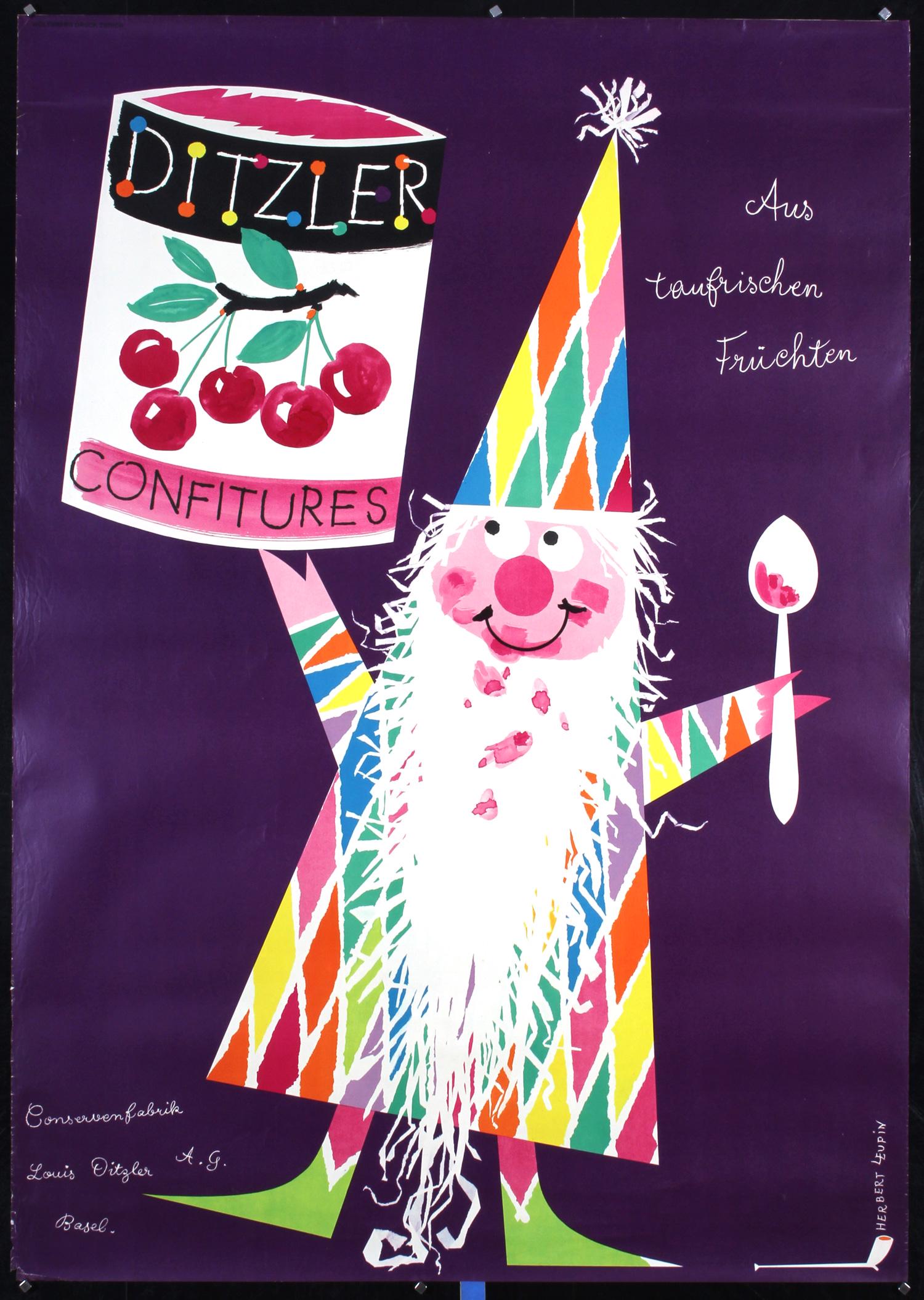 Original Vintage 1940s HERBERT LEUPIN Food Poster: Leupin, Herbert 1916 - 1999 Ditzler Confitures Lithograph 1949 50.3 x 35.4 in. (128 x 90 cm) Printer: no information Condition Details: (A-/B+) minimal tears and tiny losses at the edges #Switzerland