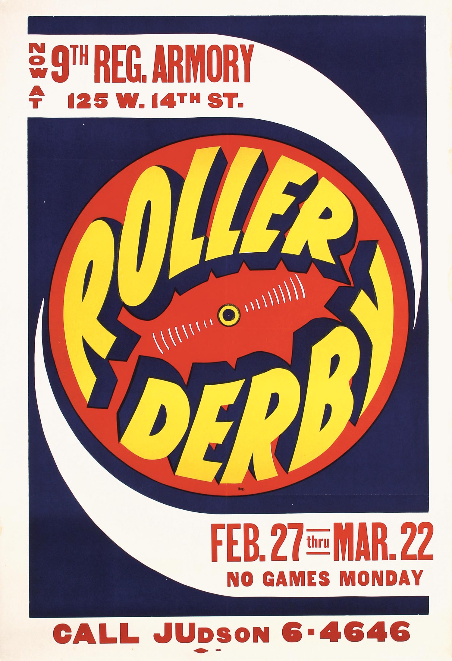 Original Vintage 1950s New York Roller Derby Poster: Anonymous - USA Roller Derby Offset ca. 1950 43.3 x 29.5 in. (110 x 75 cm) Printer: no information Condition Details: (A-) was folded, tiny tears and minor staining in the margin #USA #Roller Derby #S