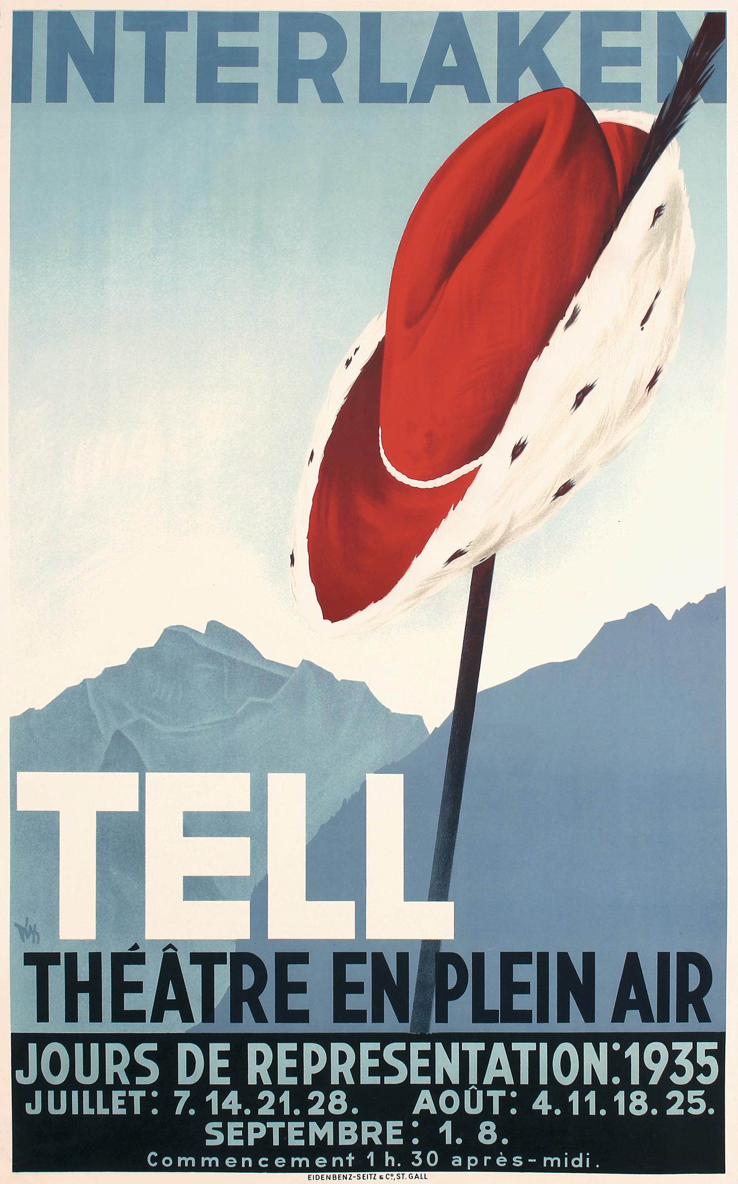 Original Vintage 1930s Swiss Travel Poster Tell Hat (1 of 1)