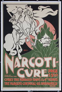 Original 1890s Will Bradley Tobacco Habit Cure Poster: Bradley, William H. 1868 - 1962Narcoti CureLetterpress Print 189520.8 x 13.7 in. (53 x 35 cm)Printer: Narcoti Chemical Co., SpringfieldCondition Details: (A) backed on linen, minimal creasing#USA