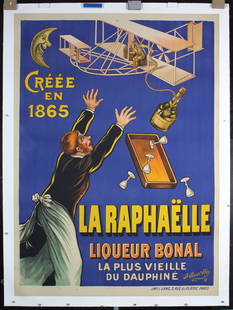 Original Vintage 1900s French Liquor Poster RAPHAELLE: Rosetti, J.La RaphaelleLithograph 190862.9 x 45.6 in. (160 x 116 cm)Printer: I. Lang, ParisCondition Details: (A) backed on linen, minimal creasing#France #Food & Beverages #Alcohol #Planes #Waiters