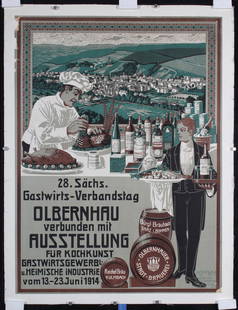 Original Vintage 1910s German Restaurant Food Poster: Höpfner28. Sächs. Gastwirts-Verbandstag OlbernhauLithograph 191431.4 x 23.6 in. (80 x 60 cm)Printer: Hübler, ReichenbachCondition Details: (B+/B) backed on linen, small tears, paper