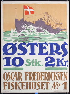 Original 1910s/20s Danish Poster: Lund, Aage 1892 - 1972 Osters - Oscar Fredericksen (Oysters) Lithograph ca. 1920 31.4 x 23.2 in. (80 x 59 cm) Printer: Sophus Kruckows Trykkerier Condition Details: (kein) small tears and minimal crea