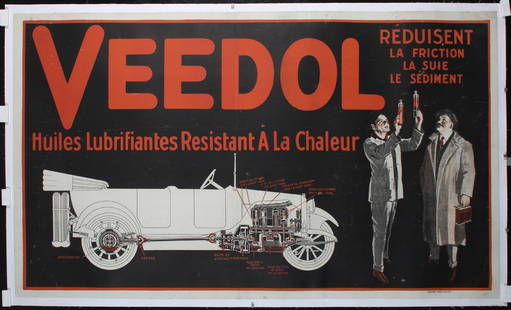 RARE Original Vintage ca 1920s Veedol Automobile Poster: Anonymous - USAVeedol - Huiles LubrifiantesLithograph ca. 192235.8 x 61.8 in. (91 x 157 cm)Printer: Sweeney Litho Co., N.Y. CityCondition Details: (B+) was folded, backed on linen, small tears and