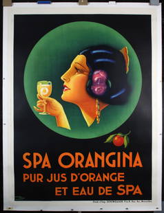 Original Vintage 1930s Art Deco Poster SPA ORANGINA: Hypsos (Studio)Spa OranginaLithograph ca. 192862.9 x 47.2 in. (160 x 120 cm)Printer: Gouweloos, BruxellesCondition Details: (A-) was folded, backed on linen, tiny tears at the edges and