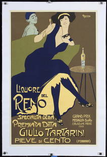 Old ca. 1970 Italian Liquore del Reno Poster: REMO (Remo Fabbri) 1890 - 1977 Liquore del Reno (Re-Issue) Lithograph ca. 1975 22 x 14.1 in. (56 x 36 cm) Printer: no information Condition Details: (A) backed on linen #Italy #Food & Beverages #Alcoh