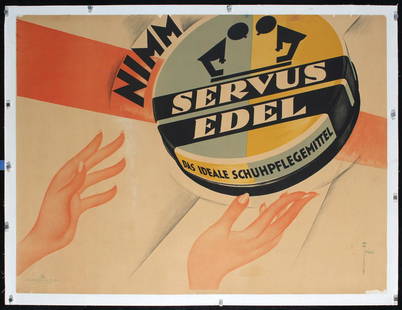 Great Original 1920s German Art Deco Shoe Polish Poster: Fries, Leonhard Friedrich W. 1881 -Servus Edel SchuhpflegemittelOffset ca. 192227.9 x 38.1 in. (71 x 97 cm)Printer: R. Barnick, BerlinCondition Details: (B) backed on linen, tears, small paper