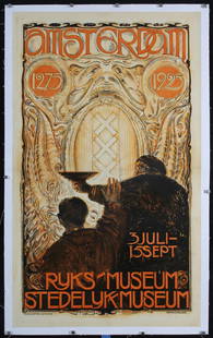 Original Vintage 1925 Amsterdam Exhibit Travel Poster: Luns, Hubert 1882 - 1942Amsterdam 1975 - 1925Lithograph 192535.8 x 21.2 in. (91 x 54 cm)Printer: Senefelder, AmsterdamCondition Details: (B+) was folded, backed on linen, small tears at the edges