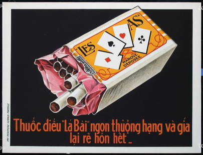 Original ca. 1920s Vietnamese Cigarette Poster Les As: Anonymous - FranceLes As (Vietnamese Text)Lithograph ca. 192519.6 x 25.5 in. (50 x 65 cm)Printer: Guiraud, MarseilleCondition Details: (A) backed on linen, minimal creasing/buckling at the top and