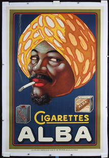 Original Vintage 1920s/30s Alba Cigarettes Poster: Anonymous - BelgiumCigarettes AlbaLithograph ca. 192846.4 x 31.1 in. (118 x 79 cm)Printer: O. De Rycker, BrusselsCondition Details: (A-) backed on linen, small edge tears, minor creasing in image