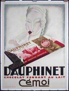 Original Vintage 1920 Charles Loupot Chocolate Poster: Loupot, Charles 1892 - 1962Dauphinet - ChocolatLithograph 192662.9 x 47.2 in. (160 x 120 cm)Printer: Les Belles AffichesCondition Details: (A-) backed on linen, small tears and minimal staining at