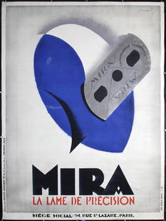 RARE Original 1929 CHARLES LOUPOT Mira Design Poster: Loupot, Charles 1892 - 1962MiraOffset 192962.2 x 46 in. (158 x 117 cm)Printer: Chaix, ParisCondition Details: (C+) backed on linen, edge tears, one of them 5 in./13 cm at the top, creasing and minor