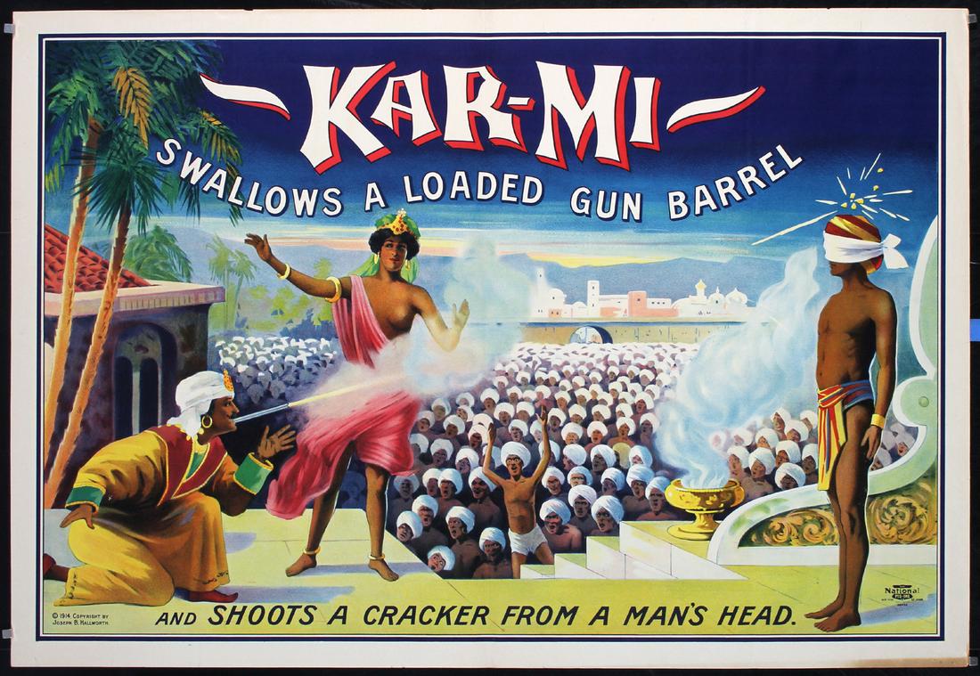Original Vintage 1910s KAR-MI Magic Poster Loaded Gun: Hallworth, Joseph B. Kar-Mi Swallows A Loaded Gun Barrel Lithograph 1914 28.3 x 41.3 in. (72 x 105 cm) Printer: The National, Ptg & Eng Co., New York Chicago Condition Details: (A-) was folded, tiny m