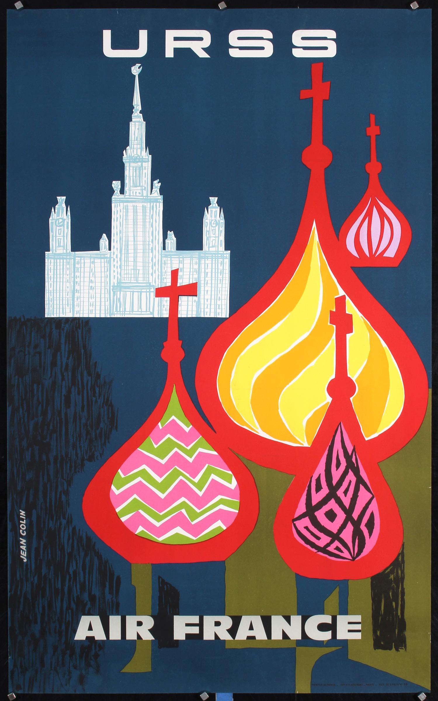 Original 1950s Air France USSR Travel Poster Jean Colin: Colin, Jean 1912 - 1982 Air France - URSS Offset 1959 39.3 x 24.4 in. (100 x 62 cm) Printer: Courbet, Paris Condition Details: (A) tiny edge tears #Air France #Travel #Airlines #Mexico