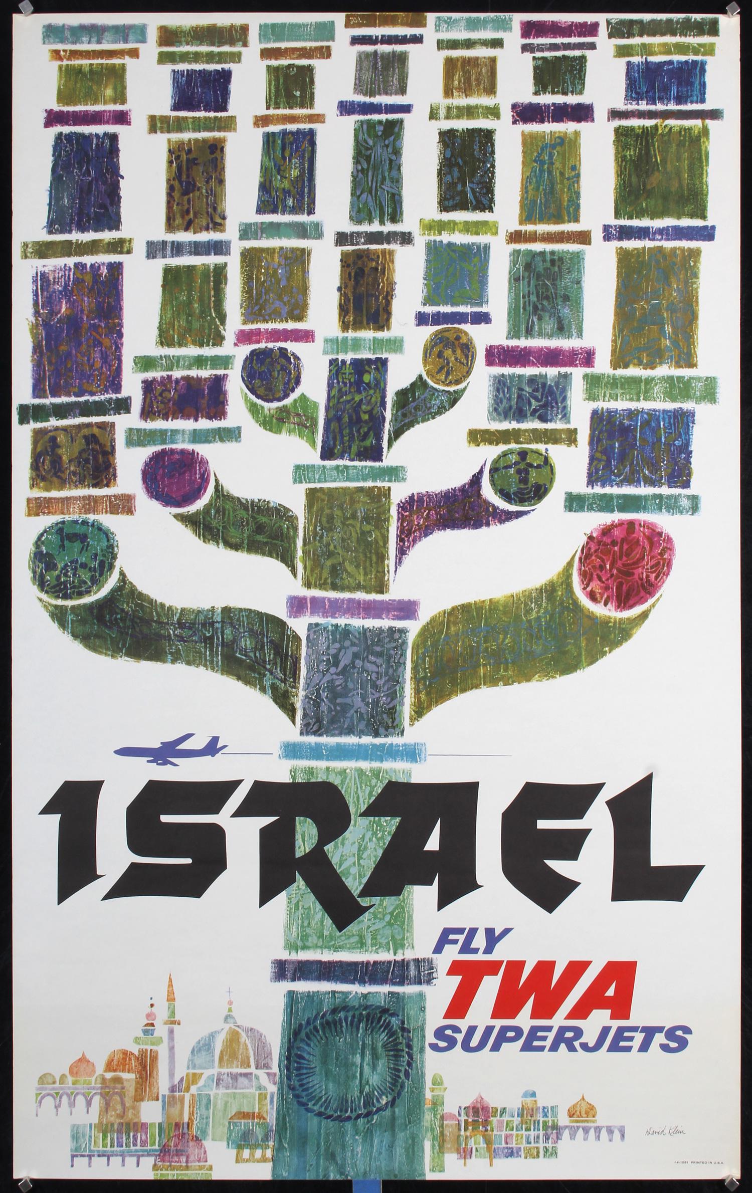 Original 1960s DAVID KLEIN TWA Boston Travel ISRAEL: Klein, David F. 1918 - 2005 TWA - Israel Offset ca. 1965 40.1 x 24.8 in. (102 x 63 cm) Printer: Litho in USA Condition Details: (A-) tiny tears and minimal staining at the edges, minor creasing #USA #