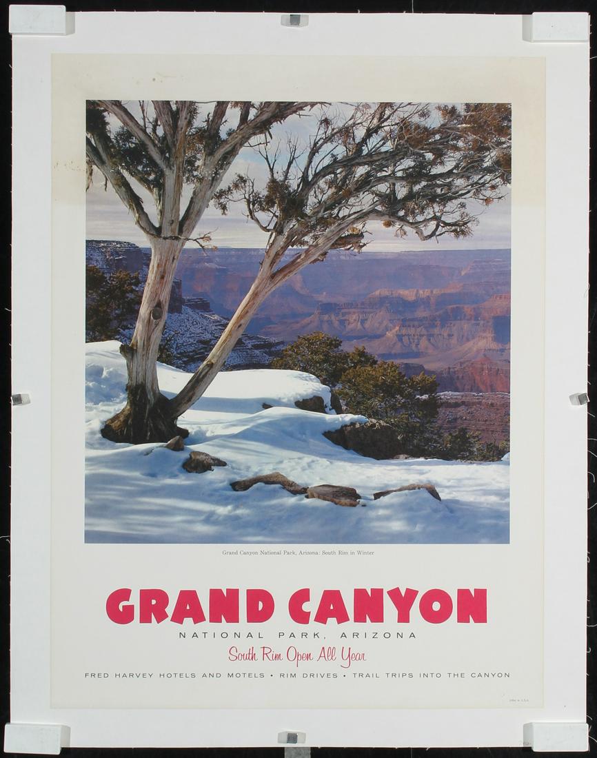 Original c. 1960s Grand Canyon Winter Travel Poster: Anonymous - USA Grand Canyon - South Rim Photo/Offset ca. 1960 24 x 18.1 in. (61 x 46 cm) Printer: Litho in USA Condition Details: (A-/B+) backed on linen, minor dirt/dust/staining along the top #USA 