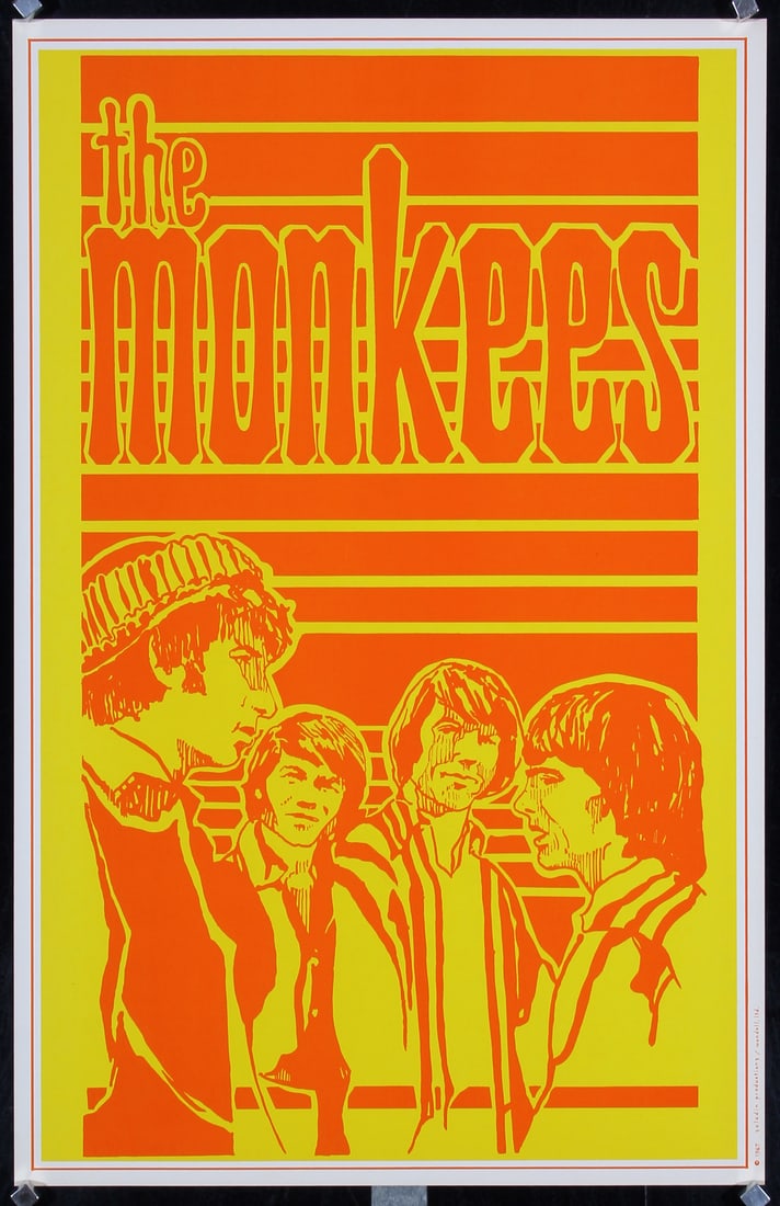 4 Original Vintage 1960s Rock Band Posters MONKEYS +: Anonymous - USA Rock and Roll (4 Posters) Offset 1967 20 x 12.9 in. (51 x 33 cm) Printer: Saladin Productions, Wendell Ltd. Condition Details: (A) incl. -The Monkeys-, -Byrds-, -The Mamas and the Papa