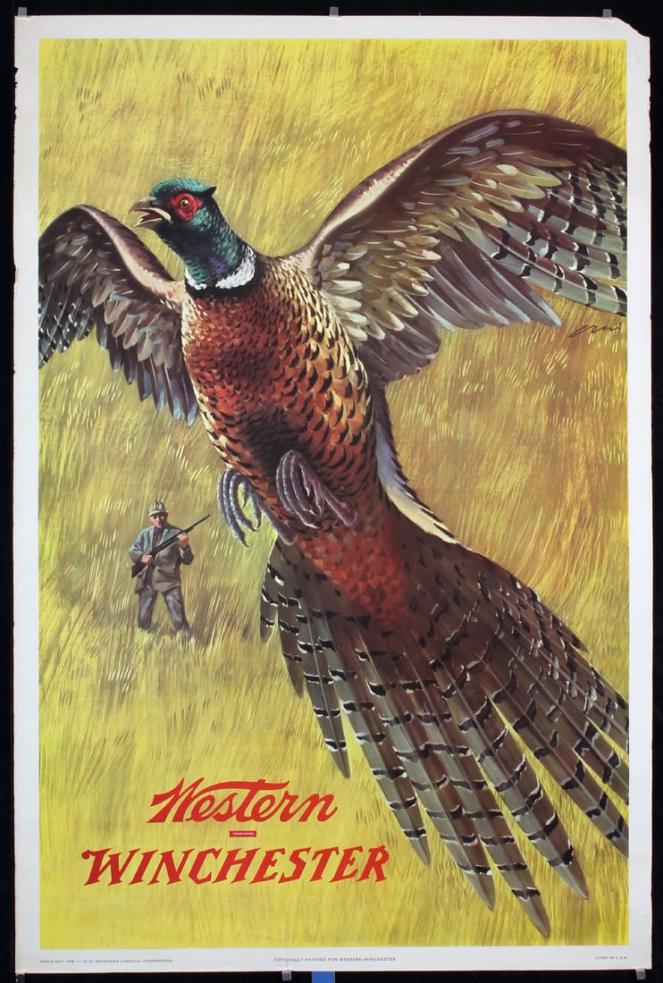Original 1955 American Winchester Rifle Poster Pheasant: Erni, Hans 1909 - 2015 Western Winchester (Pheasant) Offset 1955 41.7 x 27.9 in. (106 x 71 cm) Printer: Olin Mathieson Chemical Corporation Condition Details: (B+) small tears and minor creasing and s