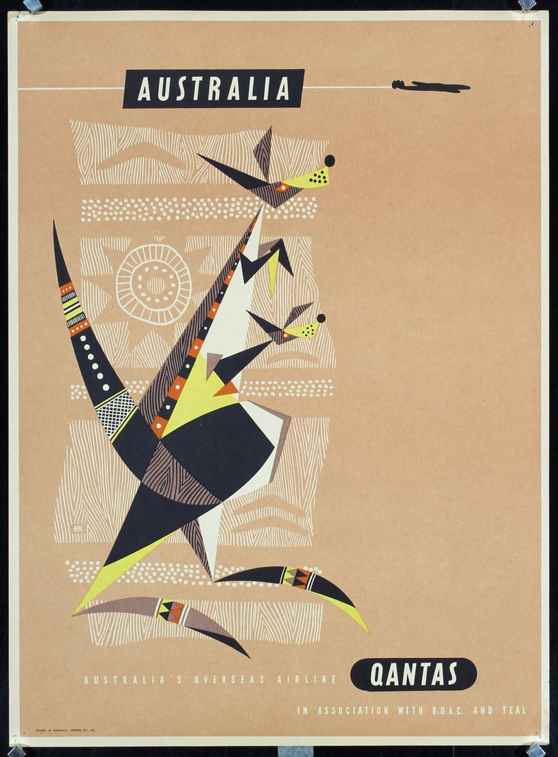 Original 1950s QANTAS Travel Poster Australia: Rogers, Harry 1929 - 2012 Qantas - Australia Offset ca. 1955 19.6 x 14.5 in. (50 x 37 cm) Printer: Posters Pty. Condition Details: (A-) corner needle holes, minimal creasing and staining at the edges,
