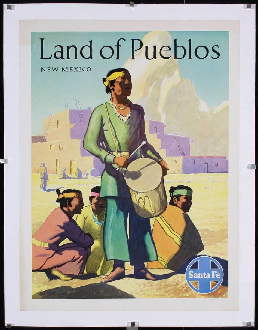 Original 1940s Santa Fe Rail Travel Poster PUEBLOS (1 of 1)