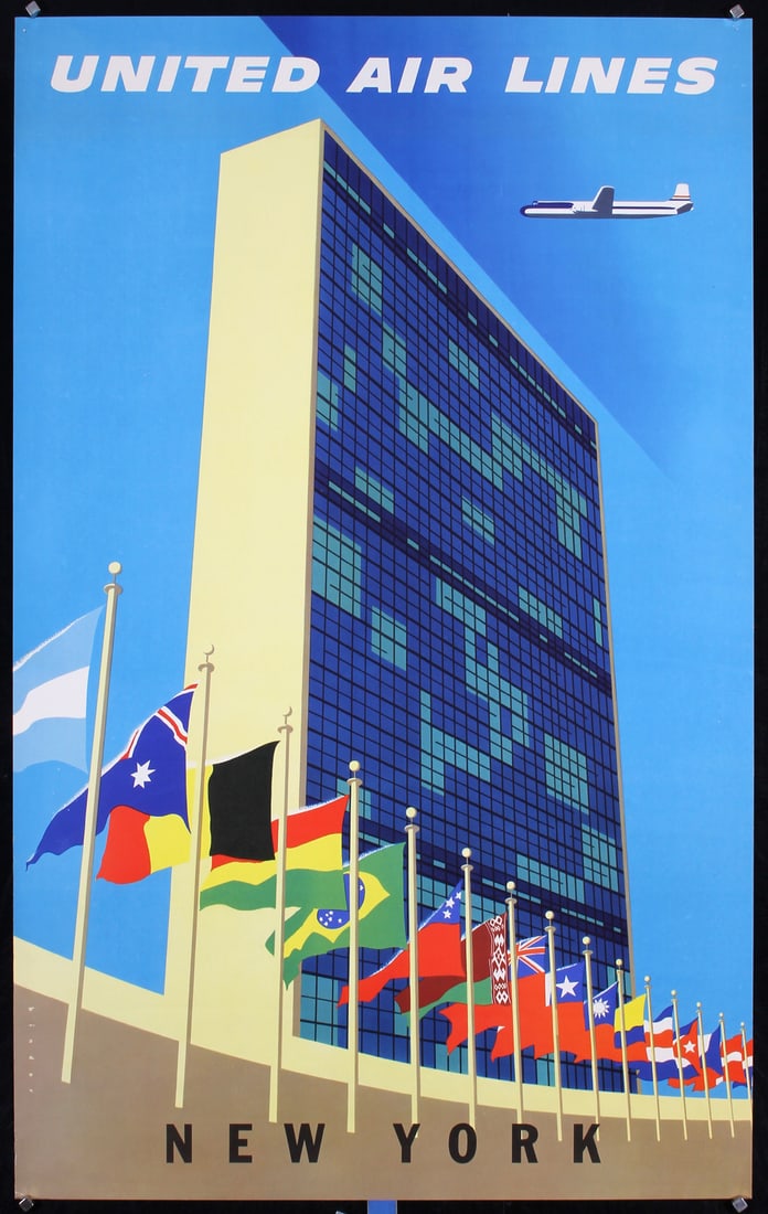 Original 1950s Joseph Binder United Travel Poster: Binder, Joseph 1898 - 1972 United Airlines - New York Offset 1950 40.1 x 24.8 in. (102 x 63 cm) Printer: no information Condition Details: (A) corner needle holes, minor creasing #New York #Travel #Ai