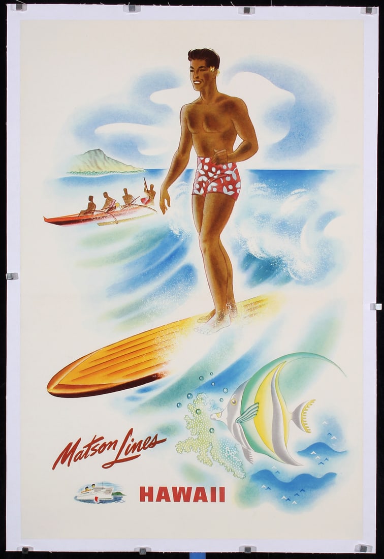 Original 1940s Matson Line Hawaii Surfer Travel Poster (1 of 1)
