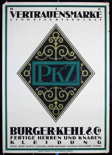 Original 1910s Swiss PKZ Fashion Poster Otto Baumberger: Baumberger, Otto 1889 - 1961PKZ - Burger-Kehl & Co.Lithograph 191750.3 x 35.4 in. (128 x 90 cm)Printer: J. E. Wolfensberger, ZürichCondition Details: (A-/B+) small tears and tiny paper losses