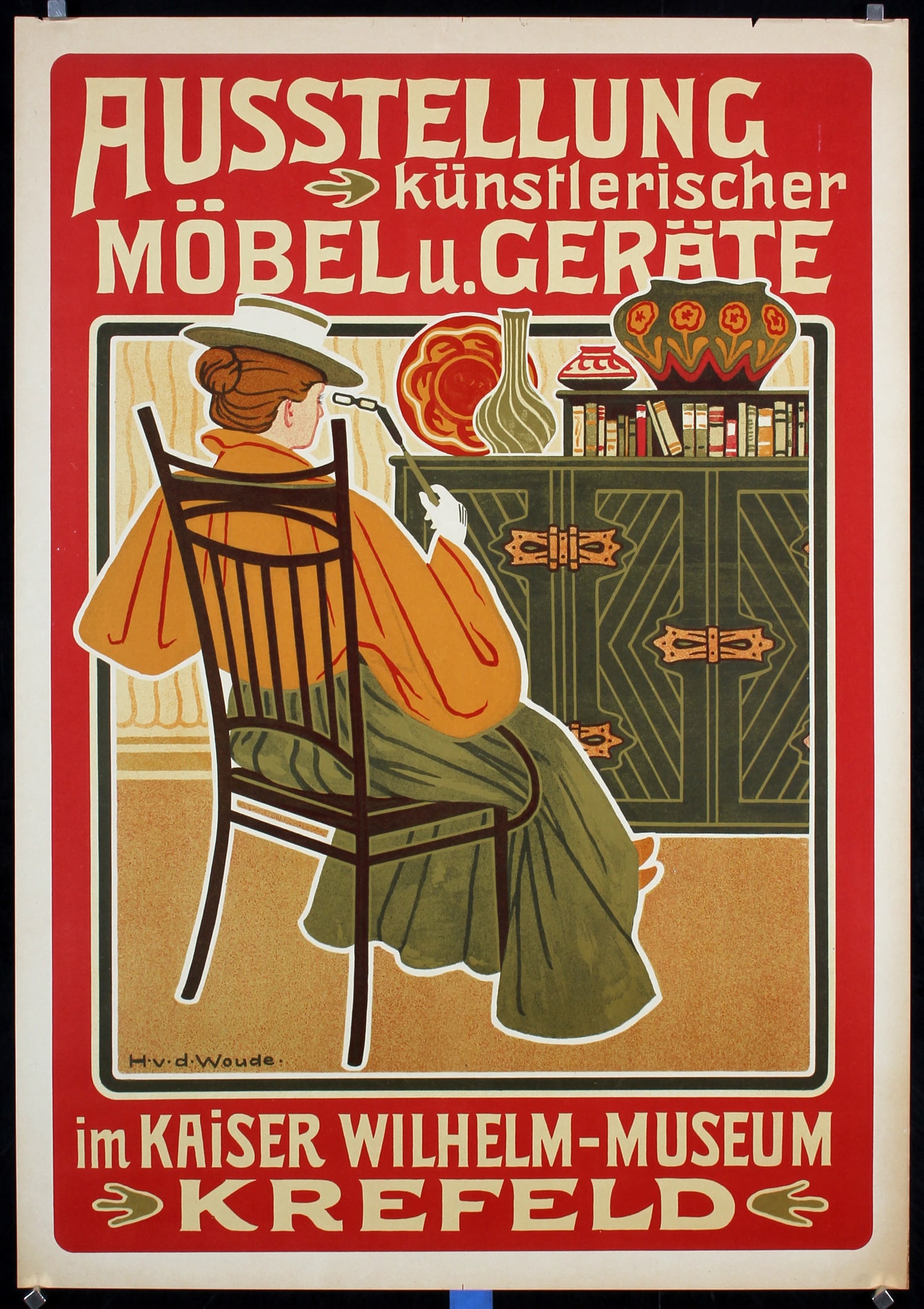 Original Vintage 1890s Art Nouveau Furniture Poster: Woude, Hugo van der - 1903 Ausstellung künstlerischer Möbel u. Geräte Lithograph 1898 27.9 x 19.6 in. (71 x 50 cm) Printer: no information Condition Details: (A) tiny tears and one tiny