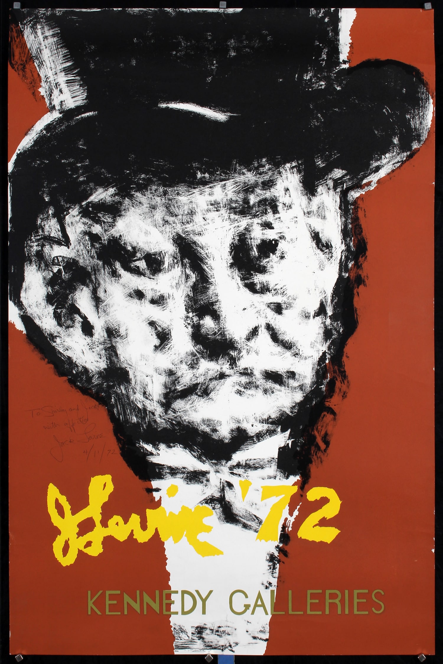 Original 1970s HAND-SIGNED Jack Levine Poster Kennedy: Levine, Jack 1915 - 2010 J. Levine '72 - Kennedy Galleries Offset 1972 39.3 x 25.5 in. (100 x 65 cm) Printer: no information Condition Details: (A-/B+) minor edge tears, minor surface creasing, hand-s