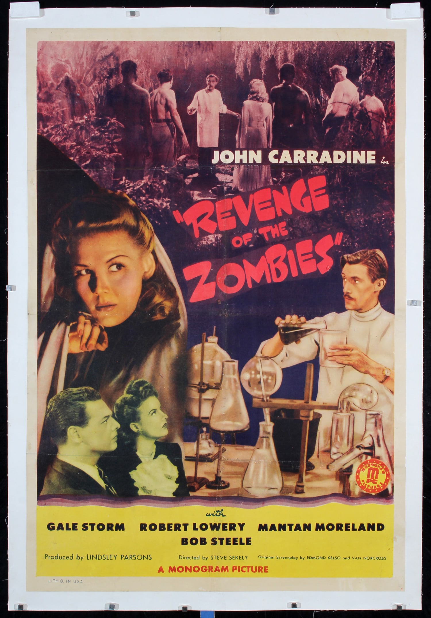 Original 1940s US Revenge of the Zombies 1-Sh Poster: Anonymous - USA Revenge of the Zombies Offset 1943 39.3 x 26.7 in. (100 x 68 cm) Printer: no information Condition Details: (B+/B) was folded, on linen, small tears, paper losses, abrasions and minor 