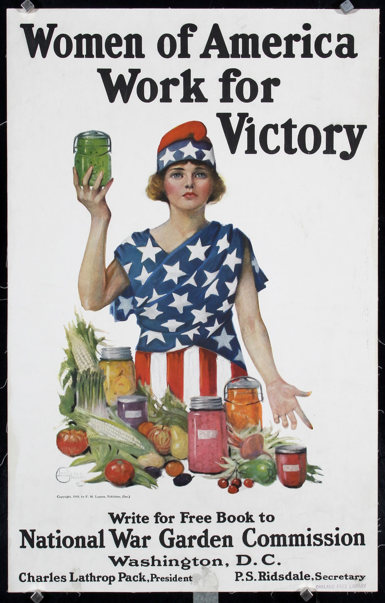 Original 1918 Women for Victory World War I Poster: Jacobs, Leonebel 1883 - 1967 Women of America - Work for Victory Lithograph 1918 22 x 14.1 in. (56 x 36 cm) Printer: F.M. Lupton, Publisher Condition Details: (A-/B+) on linen (old), minimal creasing 