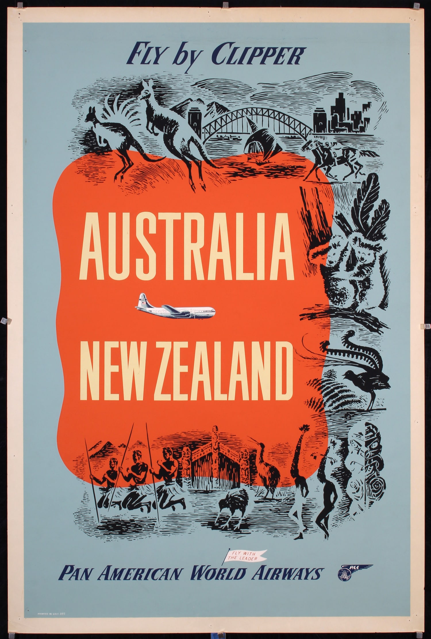 Original 1950s Pan Am Australia New Zealand Poster: Anonymous - USA Pan American - Australia New Zealand by Clipper Silkscreen ca. 1950 42.1 x 27.9 in. (107 x 71 cm) Printer: Litho in USA Condition Details: (A-) minimal tears, creases and staining in t