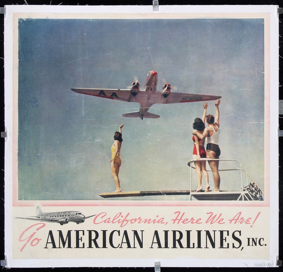 Original 1950s Americ Airlines California Travel Poster: Anonymous - USA American Airlines - California, here we are Photo/Offset ca. 1950 16.1 x 16.9 in. (41 x 43 cm) Printer: no information Condition Details: (B) on linen, visible creases and small tears 