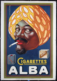 Original Vintage 1920s/30s Alba Cigarettes Poster: Anonymous - BelgiumCigarettes AlbaLithograph ca. 192846.8 x 31.1 in. (119 x 79 cm)Printer: O. De Rycker, BrusselsCondition Details: (B+/A-) on linen, minor repaired edges tears, minor creasing in