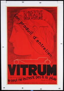 Original Vintage c. 1930s Vitrum Auto Art Deco Poster: Vidal, J.A.VitrumLithograph ca. 193031.4 x 20.4 in. (80 x 52 cm)Printer: no informationCondition Details: (A) on linen, minimal staining in the margins#France #Autos #Art Deco #Beauty