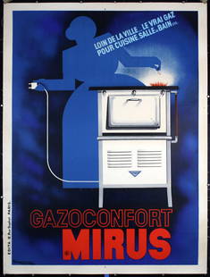 Original Vintage 1930s Fix-Masseau Advertising Poster: Fix-Masseau, Pierre 1905 - 1994Gazoconfort MirusLithograph 193262.2 x 46.4 in. (158 x 118 cm)Printer: Edita, ParisCondition Details: (A-) on linen, small edge tears, minor creasing at the edges and