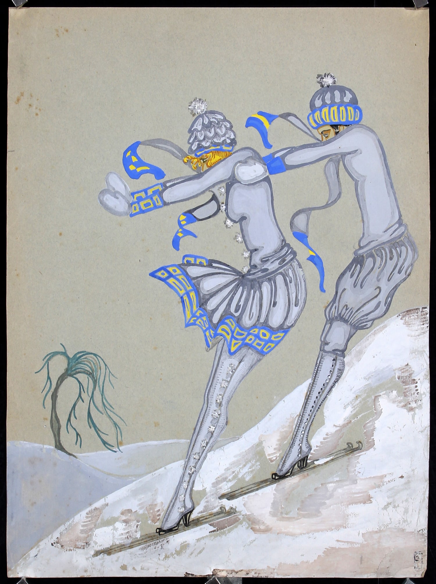 Rare Original Gouache Art c. 1920s Women Skiing: Spies, F (Fritzi) no text (Female Skiers) Original Artwork ca. 1925 15.7 x 11.8 in. (40 x 30 cm) Printer: no information Condition Details: (A-/B+) minor foxing #Germany #Travel #Winter #Ski